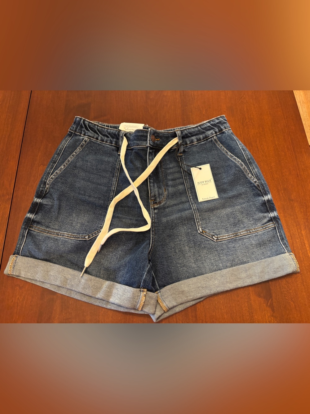 Judy Blue Dark Blue Roll-Cuff Denim Shorts with Drawstring